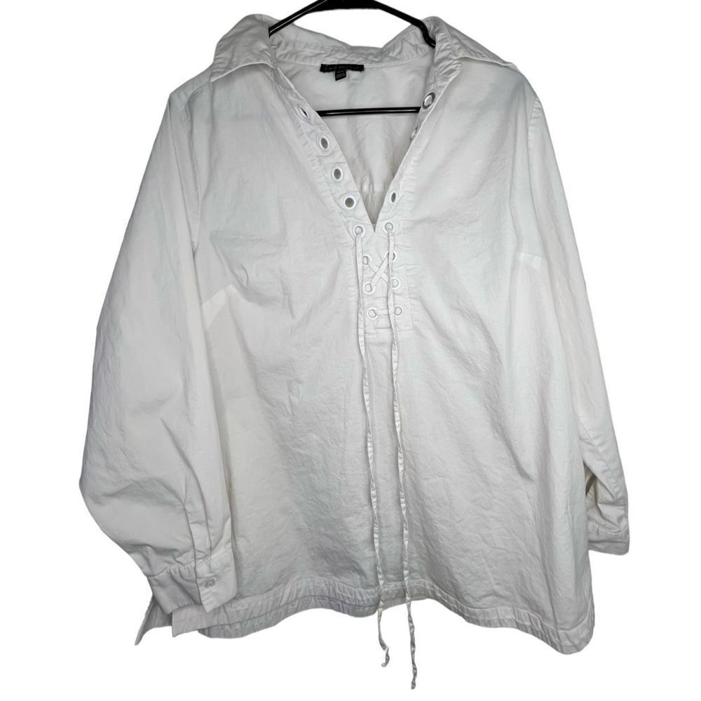 Lane Bryant White Long Sleeve White Loose Fit Blouse With Tie Up V-Neck